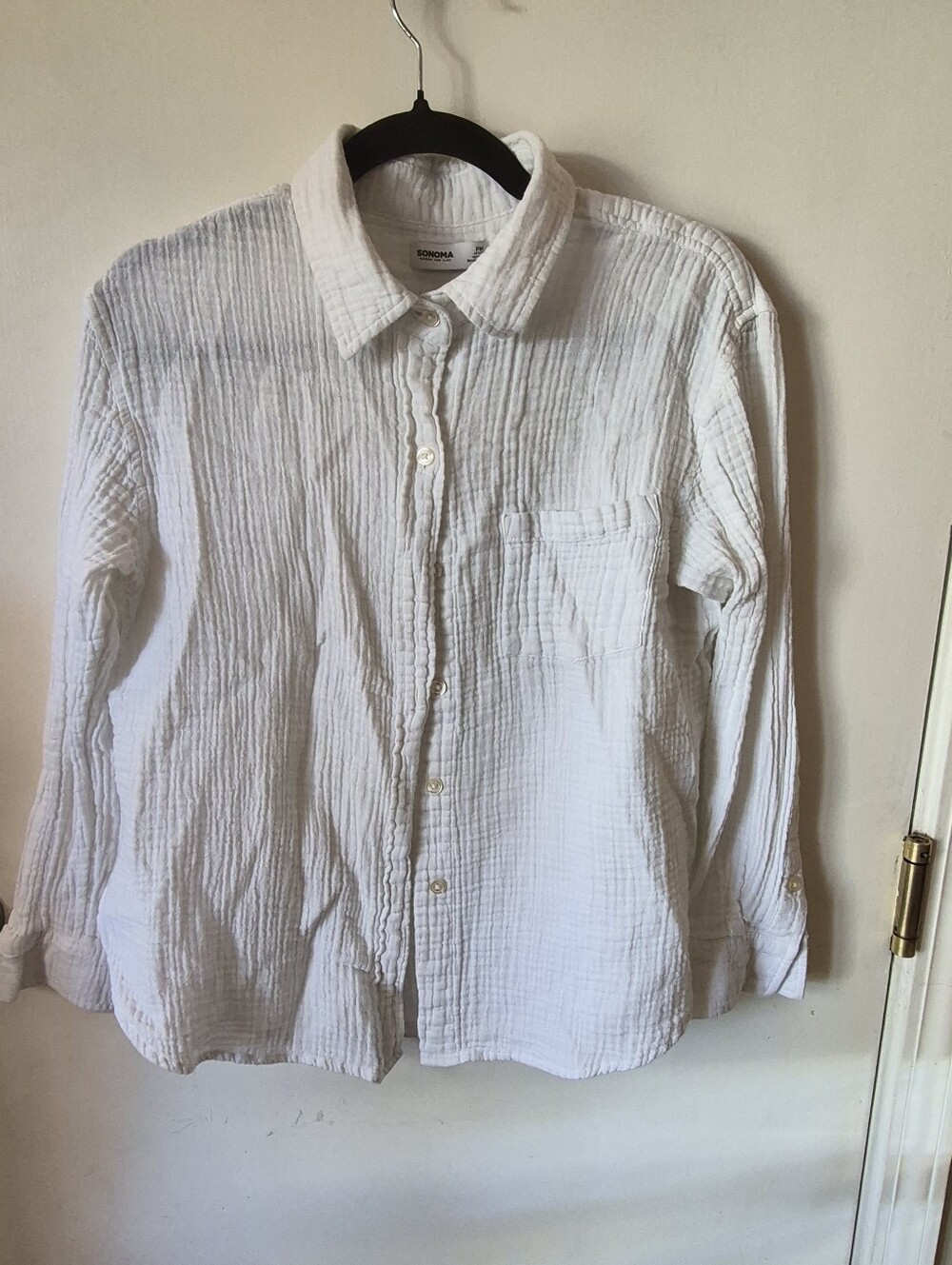 Sonoma Breezy Crinkled Cotton Gauze Long Sleeve Button Up Top White